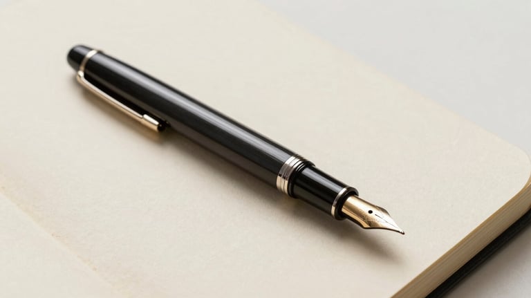 An elegant fountain pen resting on a handmade paper journal. The background is a soft ivory texture. The composition is clean and modern, focusing on the tools of reflection and writing.