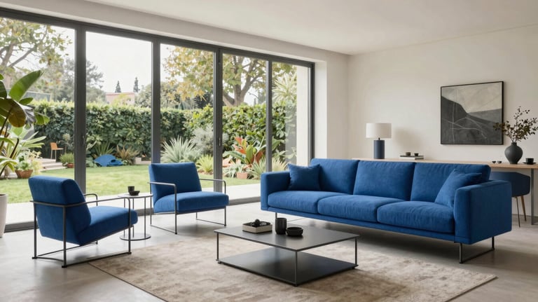 A modern, bright living room in Italy with minimalist steel blue furniture. Large windows overlook a garden, symbolizing a life of balance and well-being.