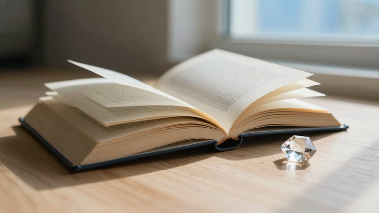 An open book on a light wood surface, with pages softly turning. A small crystal sits nearby, catching the light sky blue reflections from the window.