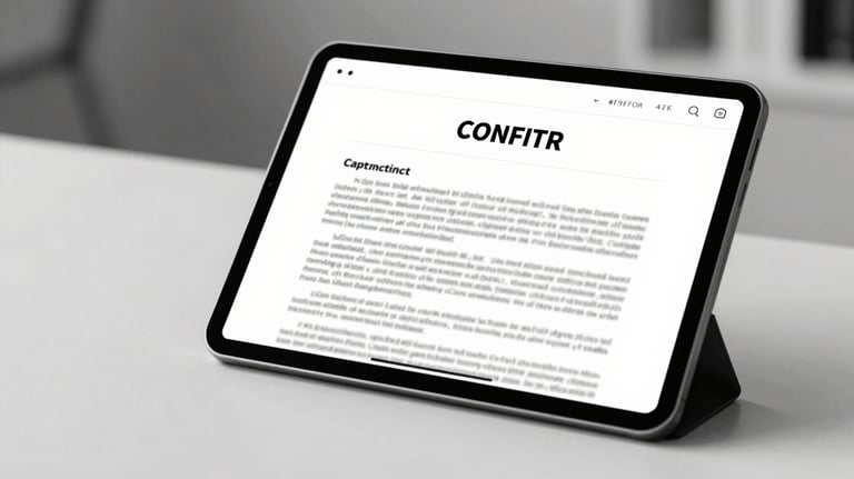 A black and white image of a digital tablet displaying a legal contract. Professional, clean, high-tech legal environment with #F9F9F9 lighting.