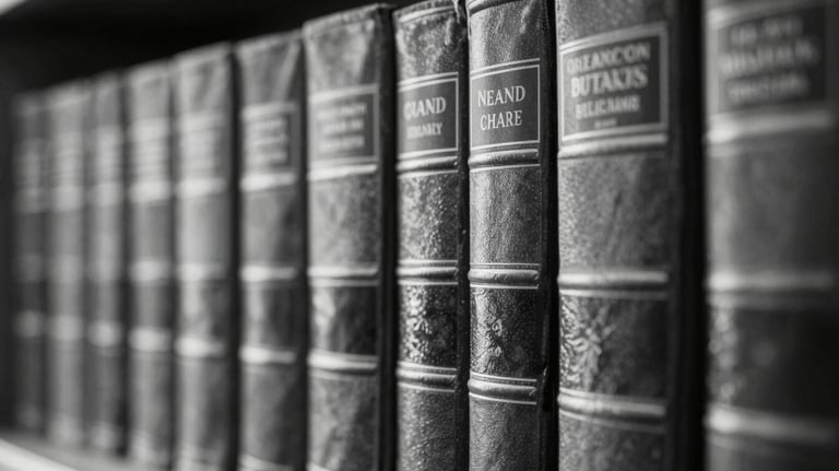 A high-contrast black and white close-up of a law library with leather-bound books. Professional and authoritative atmosphere. Uses #9CA4AA tones.