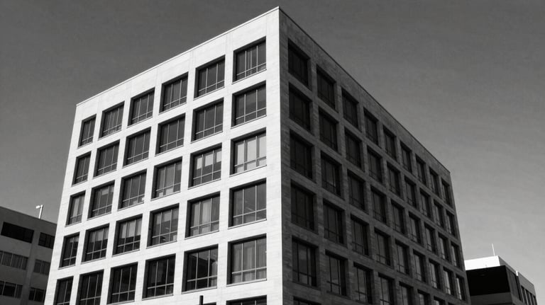 A black and white architectural shot of the modern Meiring Attorneys office building in Cape Town. Sharp angles, high contrast, #0F1113 shadows.