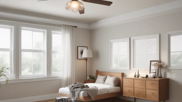 Modern bedroom with a dark wood ceiling fan, mid-century furniture, and natural light from large windows.