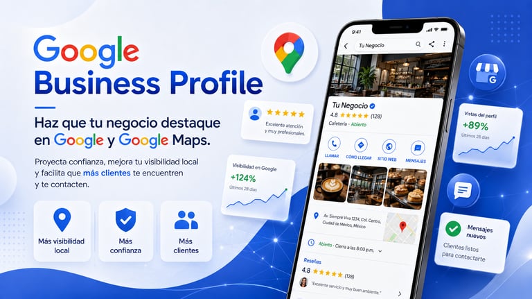 Google Business Profile infographic showing local SEO optimization for Google Maps on a smartphone.