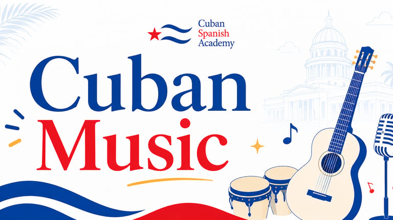 Cuban Spanish Academy graphic for Cuban Music featuring a guitar, bongo drums, and a microphone.