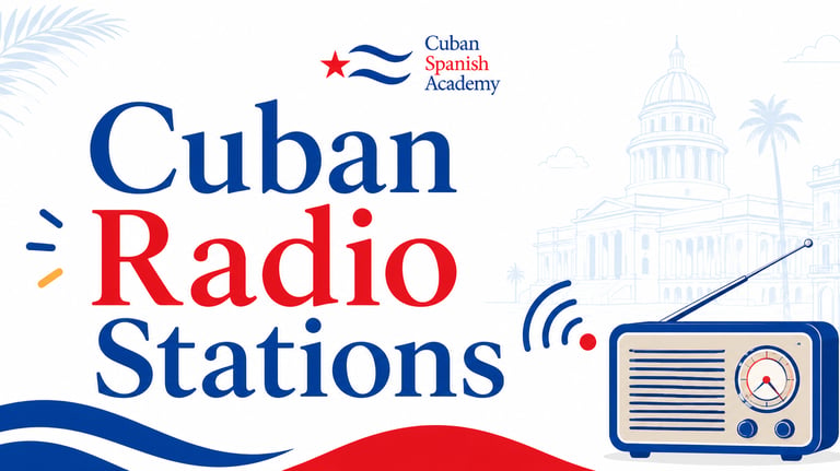 Vintage radio illustration for Cuban radio stations with Havana skyline and Cuban Spanish Academy logo.