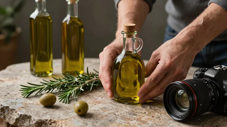 Hands of a photographer arranging a still life of artisanal olive oil and rosemary on a rustic stone surface, professional lighting.