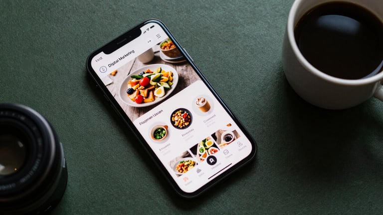 A flat lay of digital marketing tools, a smartphone displaying a social media feed with food photos, and a cup of coffee on a dark green surface.