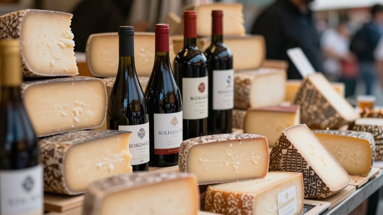 Close-up photography of a modern food market stall with artisanal cheeses and organic wines, vibrant colors, shallow depth of field, Southern European / Portuguese context.