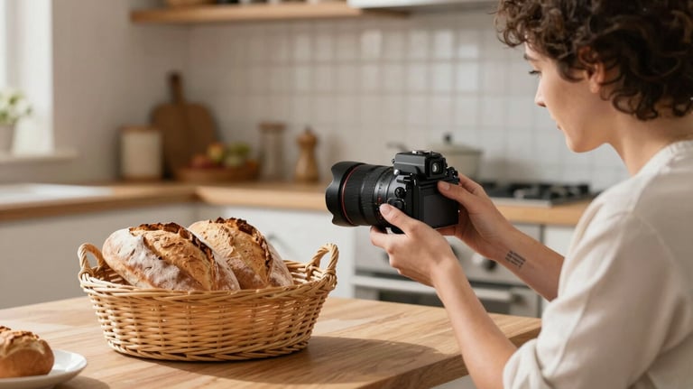 Action shot of a digital marketing expert taking a high-quality photo of a rustic bread basket in a sunlit kitchen, Southern European / Portuguese style.