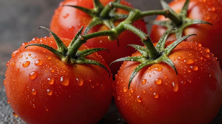 Macro photography of fresh, ripe tomatoes on a vine with water droplets, rich Deep Ripe Crimson tones, professional food styling.