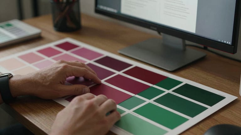 A creative workspace with a designer working on a brand color palette on a monitor, featuring Deep Ripe Crimson and Matte Forest Green swatches.