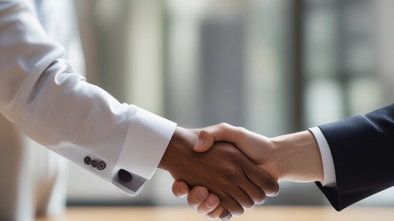 A confident lawyer reviewing real estate contracts with clients in a modern office.