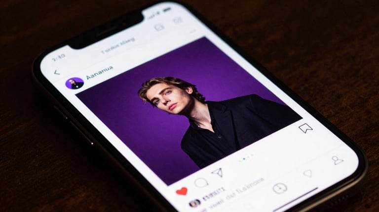 A close-up shot of a smartphone displaying a social media feed with vibrant, high-quality content and rich amethyst purple accents.