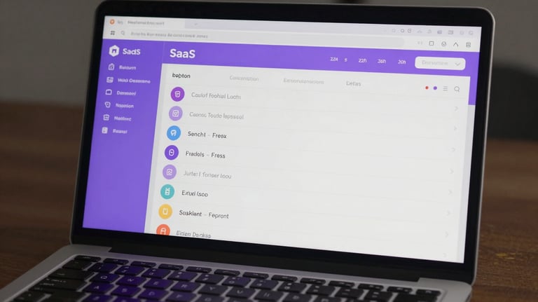 A high-quality photo of a laptop screen showing a sophisticated SaaS dashboard with soft violet accent colors.