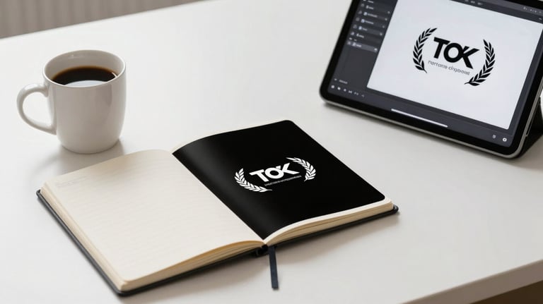 A clean, bright photo of a minimalist workspace with a notebook, a coffee cup, and a tablet showing a logo design process.