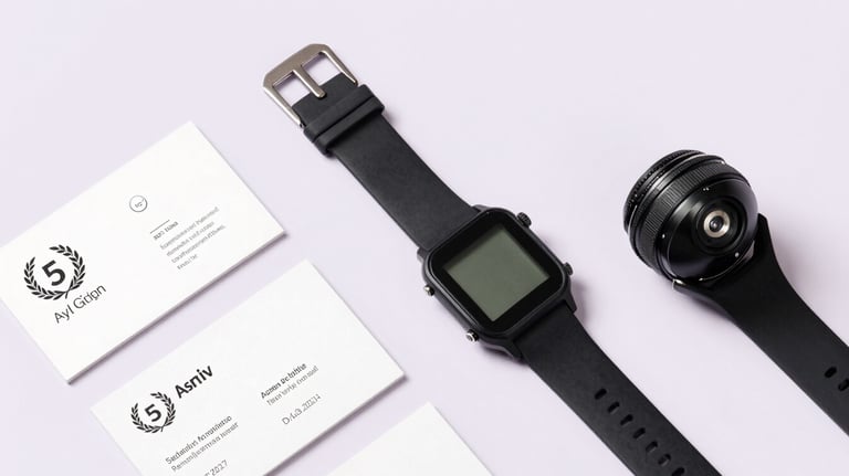 A overhead flat lay photo of brand style guides, professional business cards, and a minimalist digital watch on a pale lilac white background.
