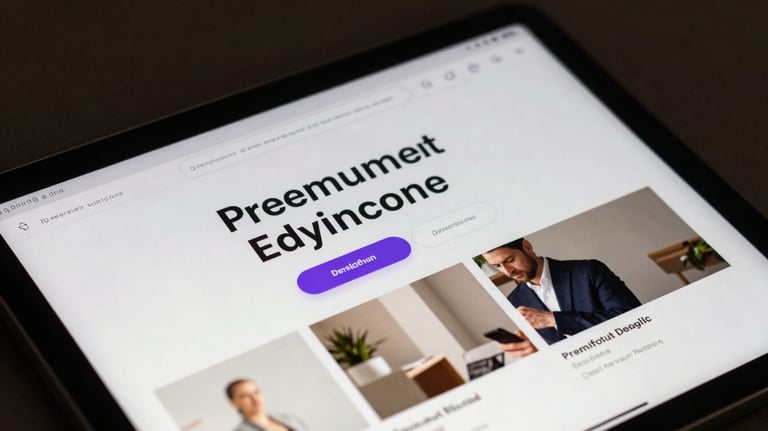 Close-up of a high-resolution tablet screen displaying a modern, premium web design layout with clean typography and purple accents.