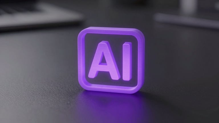 A minimalist photo of a 3D-printed AI icon glowing with soft violet light on a dark desk surface.