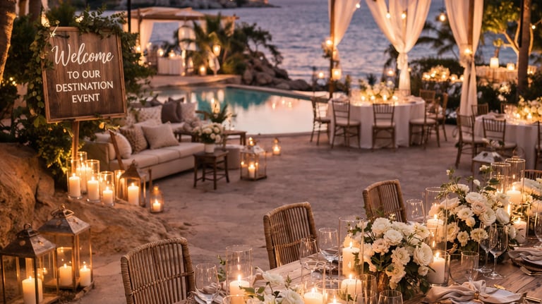 An outdoor setting with an ocean front and a pool with a sign - "Welcome to our destination event"