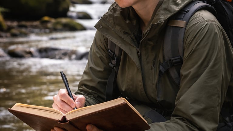 Person de-escalating by a creek, writing in their journal as a DBT skill.