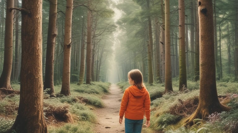 Young child wandering through a forest representing neural pathways & processing.