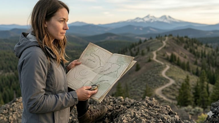 Hiker with a map and compass contemplating direction as do those needing mental health care.