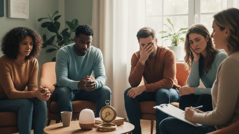 A group therapy session with adults processing their childhood traumas.