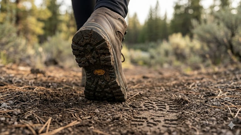 A macro shot of hiking boots on a trail representing committed action in CBT.