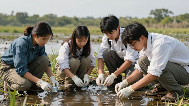 A team of researchers and students collecting water samples in a North American / US wetland area, focusing on environmental sustainability and scientific impact.
