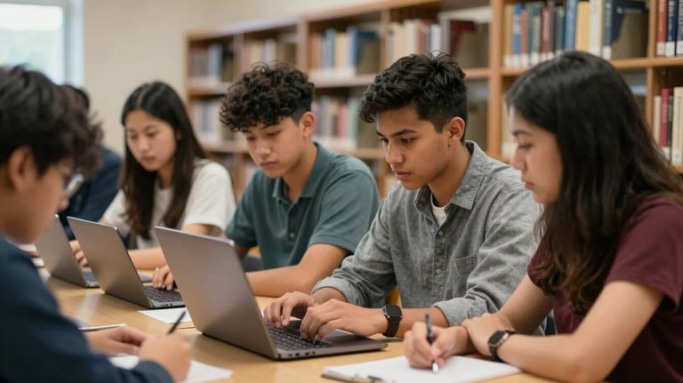 Students working on a laptop in a school library setting in the North American / US, collaborating on a service-learning project for local youth.