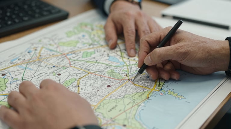 A close-up of hands working on a professional map layout in a North American / US municipal office, highlighting technical expertise and collaboration.
