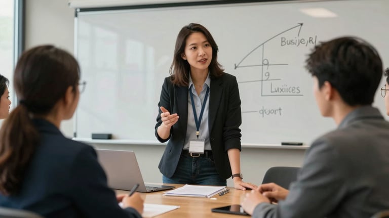 A mentorship session in a North American / US town hall, where a faculty expert is guiding a local entrepreneur on strategic business growth.