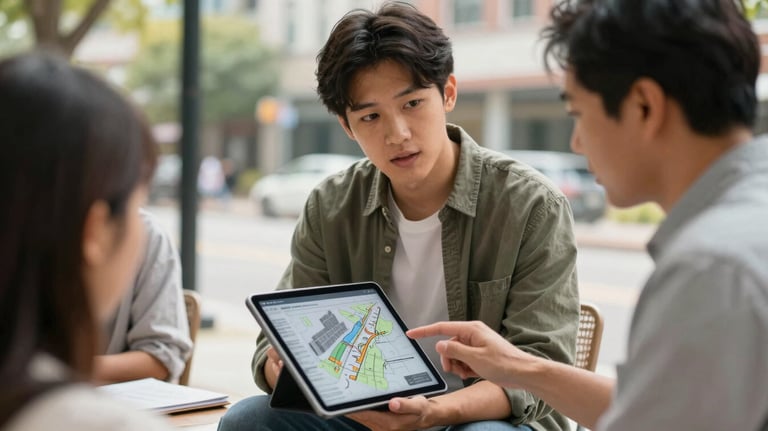 A student using a digital tablet to discuss urban planning and infrastructure with a community leader at an outdoor North American / US site, professional and inspiring mood.