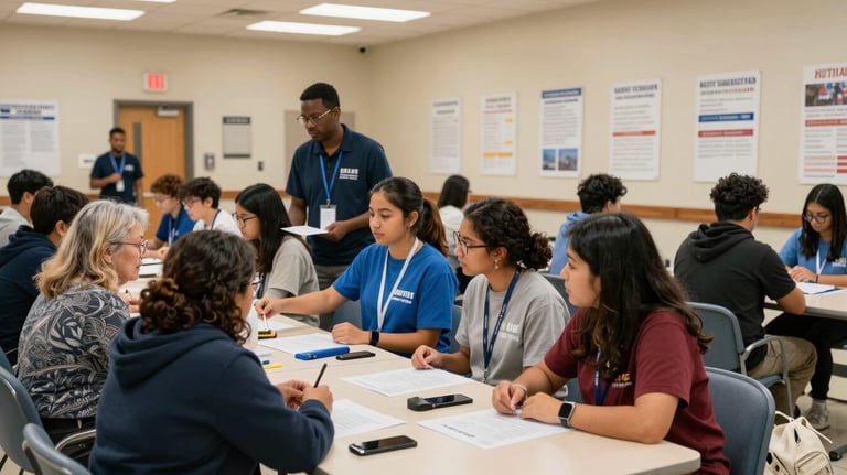 A public health outreach event in a community center hall in North American / US, with informative posters and students assisting local residents.