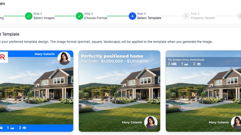 Customize your property photos with landscape, square, portrait formats, and premium templates.