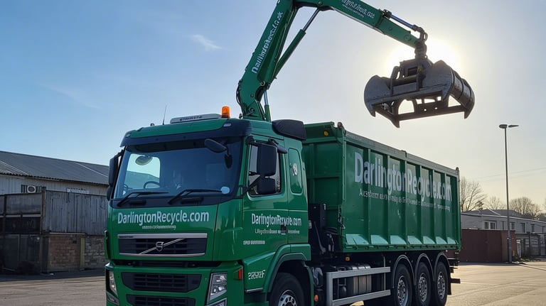 Darlington Recycle wagon with a hydraulic grabber for heavy lifting.