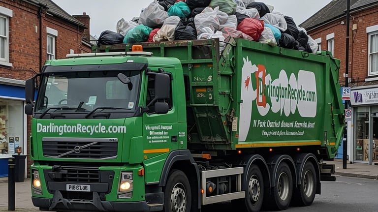 Darlington Recycle waste disposal truck, full of recyclable rubbish