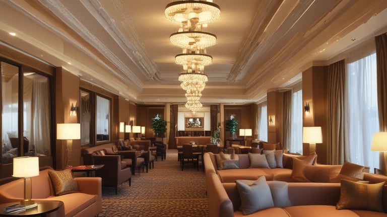 A cozy hotel room with a window view of a bustling city skyline at sunset.