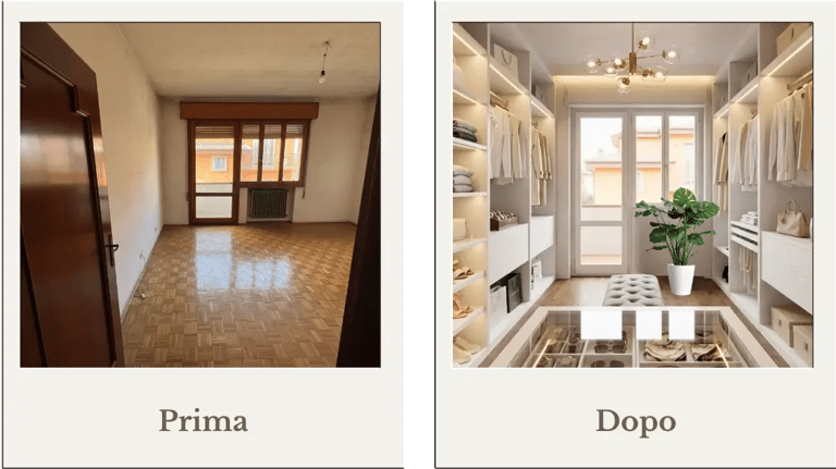 Prima e dopo di una cabina armadio moderna ed elegante prima ambiente vuoto dopo con arredi e finiture in bianco