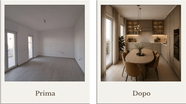 Prima e dopo ambiente vuoto trasformato in cucina ad angolo e zona pranzo