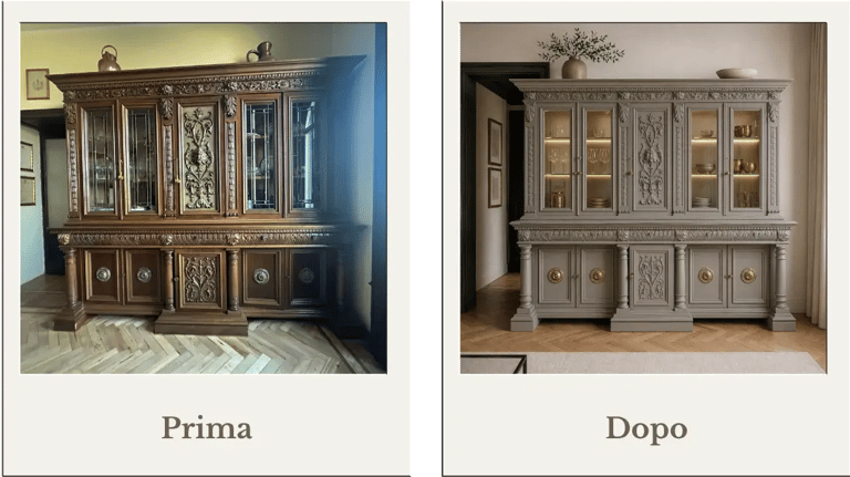 Restyling di un mobile massiccio antico pieno di intagli e decori, dipinto di greige e cambiate le vetrine