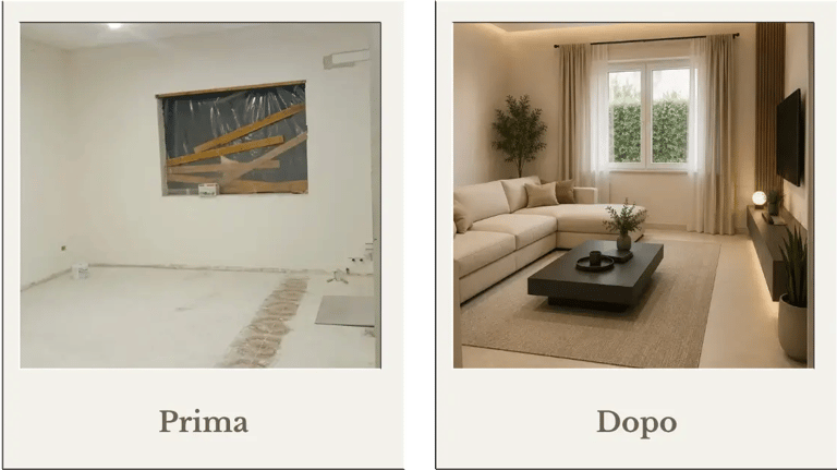 Il prima e dopo di un salotto, prima in costruzione senza infissi e dopo elegante e moderno