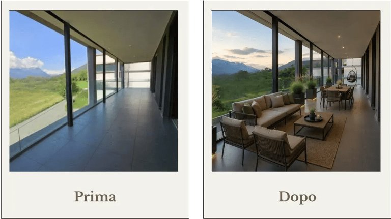 Prima e dopo di una grande terrazza. Prima vuota e dopo arredata in modo moderno ed elegante