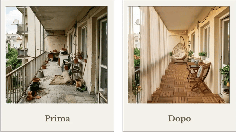 Prima e dopo della trasformazione di un terrazzo a pianta rettangolare
