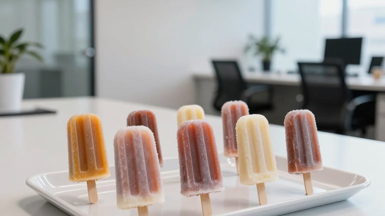 Minimalist corporate setting in a bright South American office, showcasing gourmet popsicles on a clean tray for a business brunch.