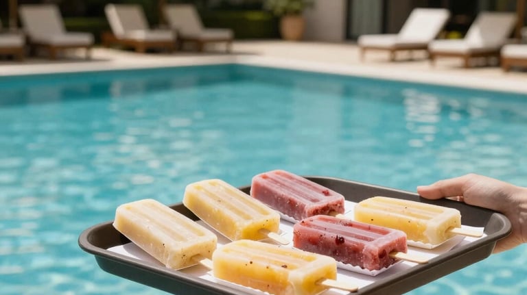 Luxury hotel pool area in South America with a tray of fresh popsicles being served on a bright afternoon.