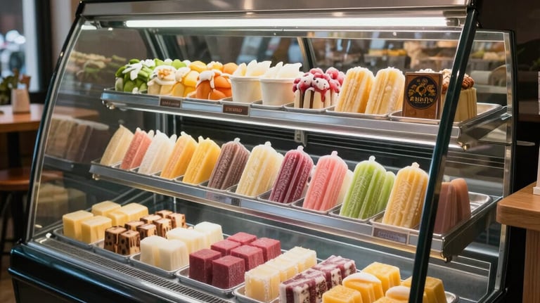A stylish freezer display inside a modern South American boutique cafe, neatly showing rows of colorful, branded artisanal paletas.