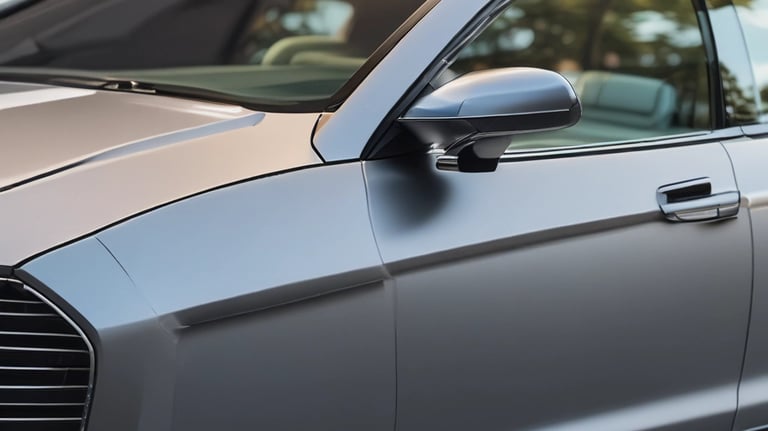 A shiny black car with freshly tinted windows parked under bright sunlight
