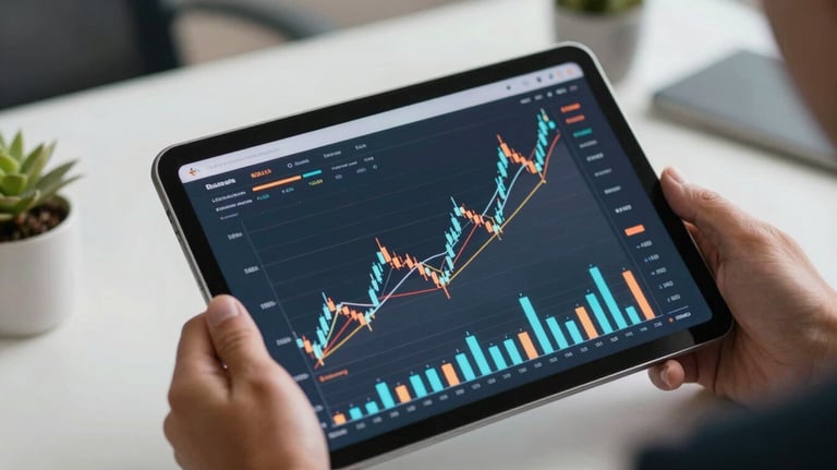 A close-up of a high-tech tablet showing abstract financial growth charts, held by a professional in a modern Brazilian workspace.